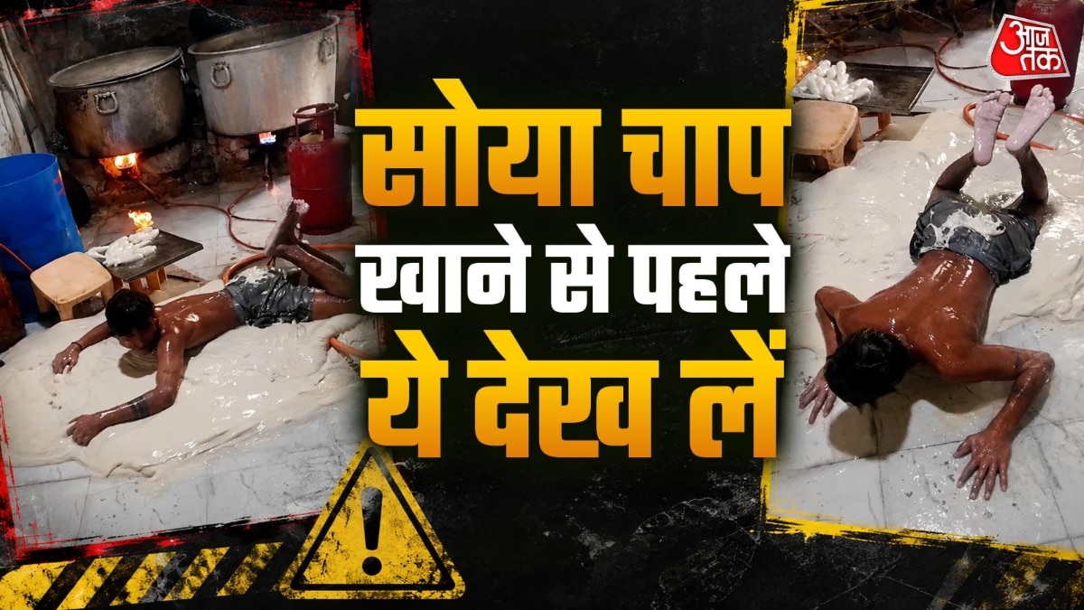 Screenshot from Hindi news fact-check segment showing frame from the soya chaap viral video
